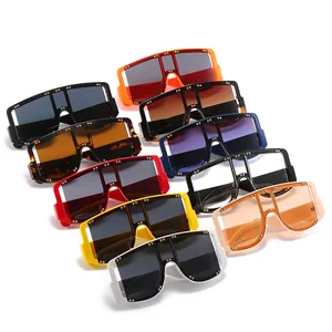 Flat top shield sunglasses with gold rivets decoration in multiple color options
