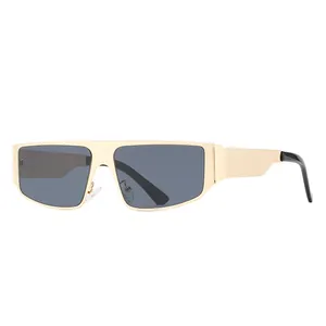 Modern gold metal rectangle sunglasses with dark gray lenses and flat top bridge