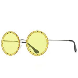 Vintage runde randlose Damen Sonnenbrille mit gelben Gläsern und funkelnden Kristall Strasssteinen