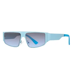 Futuristic shield sunglasses with light blue matte frames and grey-to-blue gradient lenses