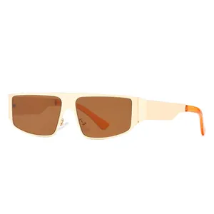 Chic unisex small metal frame sunglasses with shield lens and golden finish temples