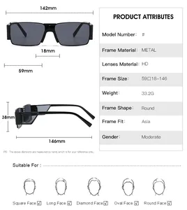 Size guide for vintage square metal sunglasses showing 142mm frame width and lens specs