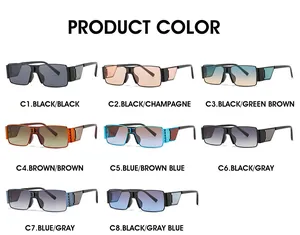 Close-up of small rectangular sunglasses with woven metal temples in eight colors