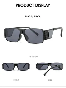 Detail view of rectangular sunglasses with textured wide temples and black lenses
