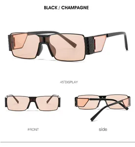 Three-view layout of retro rectangular sunglasses in black and champagne with metal texture