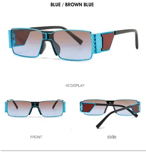 Detailed views of vintage rectangle sunglasses with blue and black metal frame