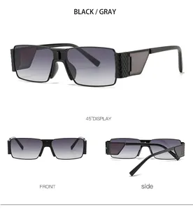 Three-view layout of black rectangular sunglasses with textured geometric temples
