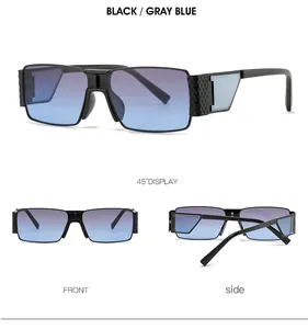 Detailed views of vintage small square black sunglasses with gray-blue gradient lenses