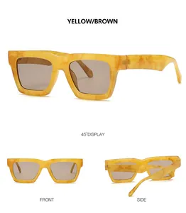 Vues détaillées de lunettes de soleil rectangulaires jaunes et brunes avec motifs de marbre