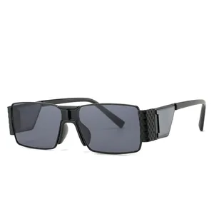Retro square frame sunglasses featuring unique black side shields and dark grey lenses