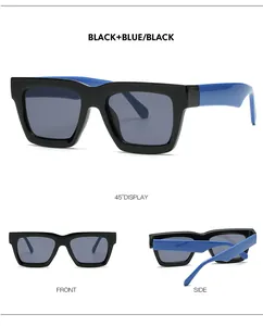 Lunettes de soleil carrées classiques avec monture noire brillante et branches bleues