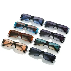 Retro rectangle sunglasses with metal frames and textured temples in various colors