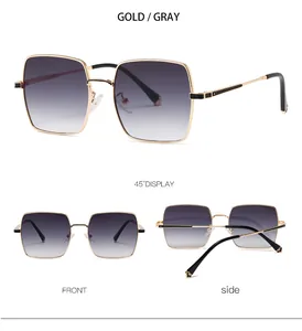 Trois perspectives de lunettes de soleil carrées rétro avec monture dorée et verres dégradés