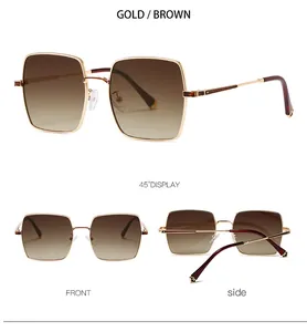 Vues multiples de lunettes de soleil carrées dorées avec verres marron dégradés