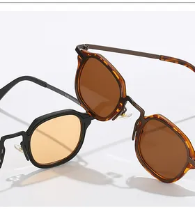 Vue détaillée de lunettes de soleil rétro avec monture écaille et charnières métalliques
