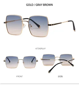 Vue sous trois angles de lunettes de soleil carrées rétro avec monture dorée et verres