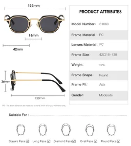 Spécifications de taille pour lunettes de soleil rondes avec monture dorée et verres gris