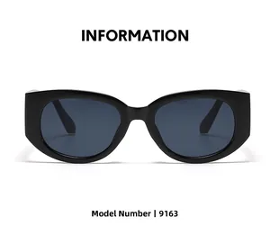 Front view of black oval frame sunglasses with dark grey lenses, model 9163