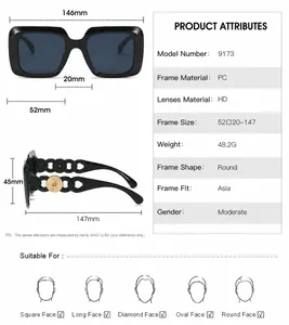 Λεπτομερές διάγραμμα μεγεθών 146x45mm για ρετρό τετράγωνα γυαλιά ηλίου γυναικών