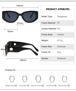 Detailed specs of oval sunglasses with 144mm width and hollow metal temple design