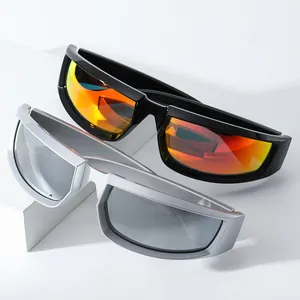 Fashionable outdoor sports sunglasses with wrap-around frames and colorful mirrored lenses