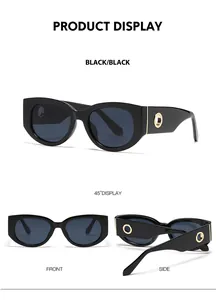 Detail view of oval sunglasses featuring wide temples and decorative gold ring metal accents