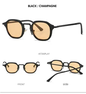 Trois vues de lunettes de soleil rétro en métal avec monture noire et verres champagne