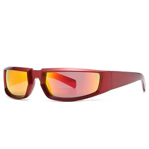 Sporty matte red sunglasses with orange gradient reflective lenses for outdoor cycling