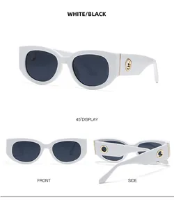 Detail view of white oval sunglasses showing front, side, and 45-degree angle perspectives