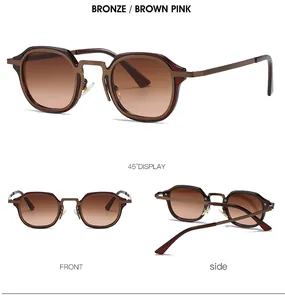 Vue détaillée de lunettes de soleil carrées en bronze avec verres marron rose sous divers angles