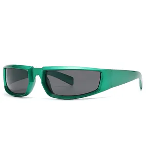 Y2K style green metallic sports sunglasses with wrap-around frames and dark grey lenses