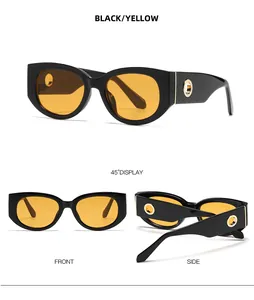 Detailed multi-angle view of oval sunglasses with thick black frames and yellow lenses