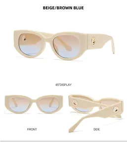 Three views of beige oval sunglasses with gradient lenses and gold temple accents