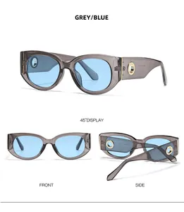Three-view display of cat-eye sunglasses with grey frames and blue lenses and gold rings