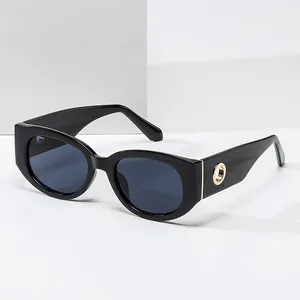 Retro Oval Cat Eye Sunglasses UV400 Protection Thick Frame Gold Ring Decoration Street Style Sun Glasses For Women Men