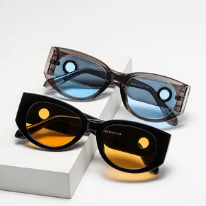 Modern oval sunglasses with cat-eye geometric frames in black and translucent brown