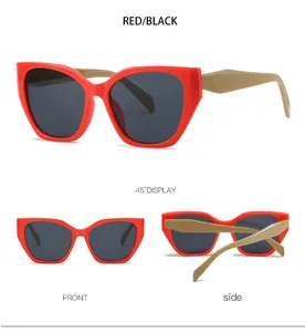 Vues détaillées de lunettes de soleil rouges irrégulières avec branches marron clair