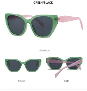 Trois vues de lunettes de soleil œil-de-chat tendance avec monture verte et branches roses