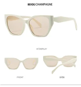 Vue sous trois angles de lunettes de soleil œil-de-chat beige avec monture géométrique