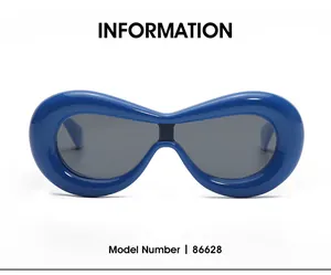 Front view of model 86628 oval sunglasses featuring bold blue frames and grey lenses