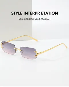 Detailed macro of rimless rectangular sunglasses with gradient lenses and gold metal hinges