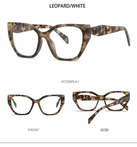 Vue triple des montures de lunettes œil de chat léopard sous les angles avant et latéraux