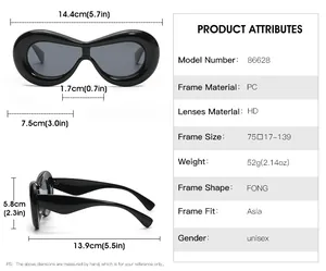 Size chart and specifications for oversized oval sunglasses with PC frame and HD lenses