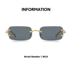 Detail view of model 8019 rectangular rimless sunglasses with gold metal hinges