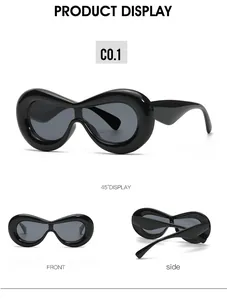 Multi-angle view of chunky black oval frame sunglasses with dark grey lenses