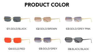Detailed view of square rimless sunglasses in six vibrant lens colors with metal temples