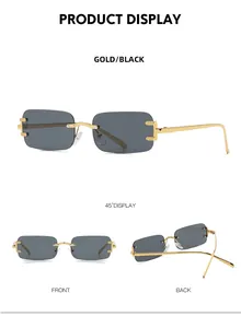 Three-angle view of vintage gold metal rimless rectangle sunglasses with black grey lenses