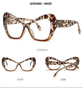 Tres vistas de monturas cat-eye con estampado de leopardo y detalles metálicos dorados