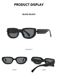 Detail view of black polygon sunglasses with silver star rivets on the temples