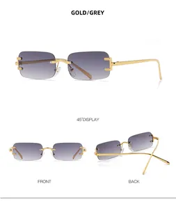 Detail view showing multi-angle gold frames and grey gradient lenses of rimless sunglasses